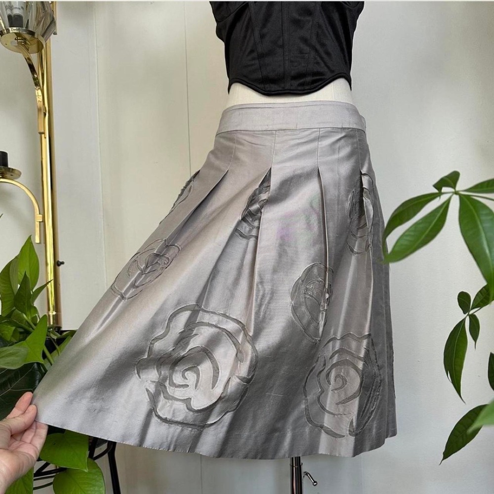 Inc International Concepts Silk Pleated Rose Cut Out Midi Skirt Grey Silver 10